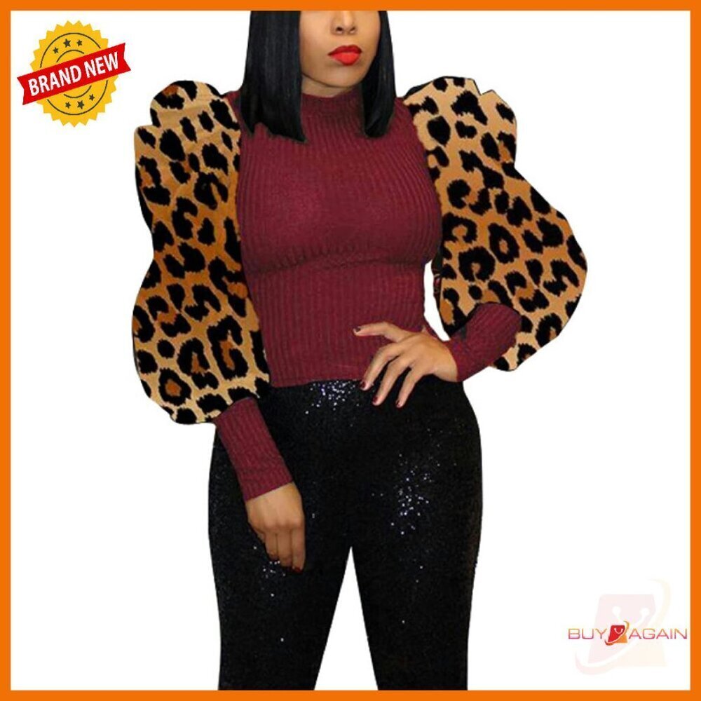 Long Sleeve Ribbed Blouse Puff Sleeve Slim Fit Party Top